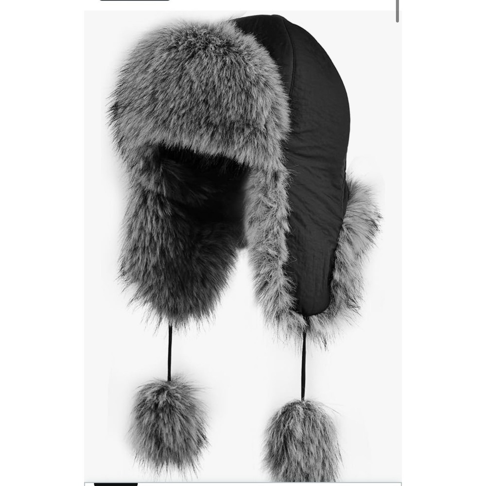 Womens Faux Fur Trapper Hat Black Grey Aviator Ushanka Winter Ear Flap Pom Pom